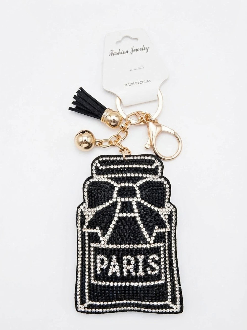 Paris Perfume Bottle Purse/Keychain in Black & Gold NWT